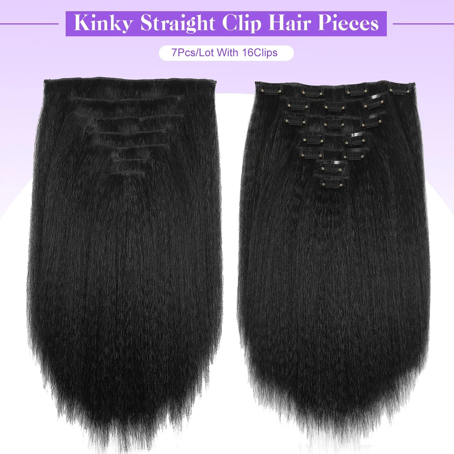 Kinky Straight Clip ins Hair Extensions Natural Black Full Head Yaki Straight Seamless Clip in Synthetic Hair Pieces for Women