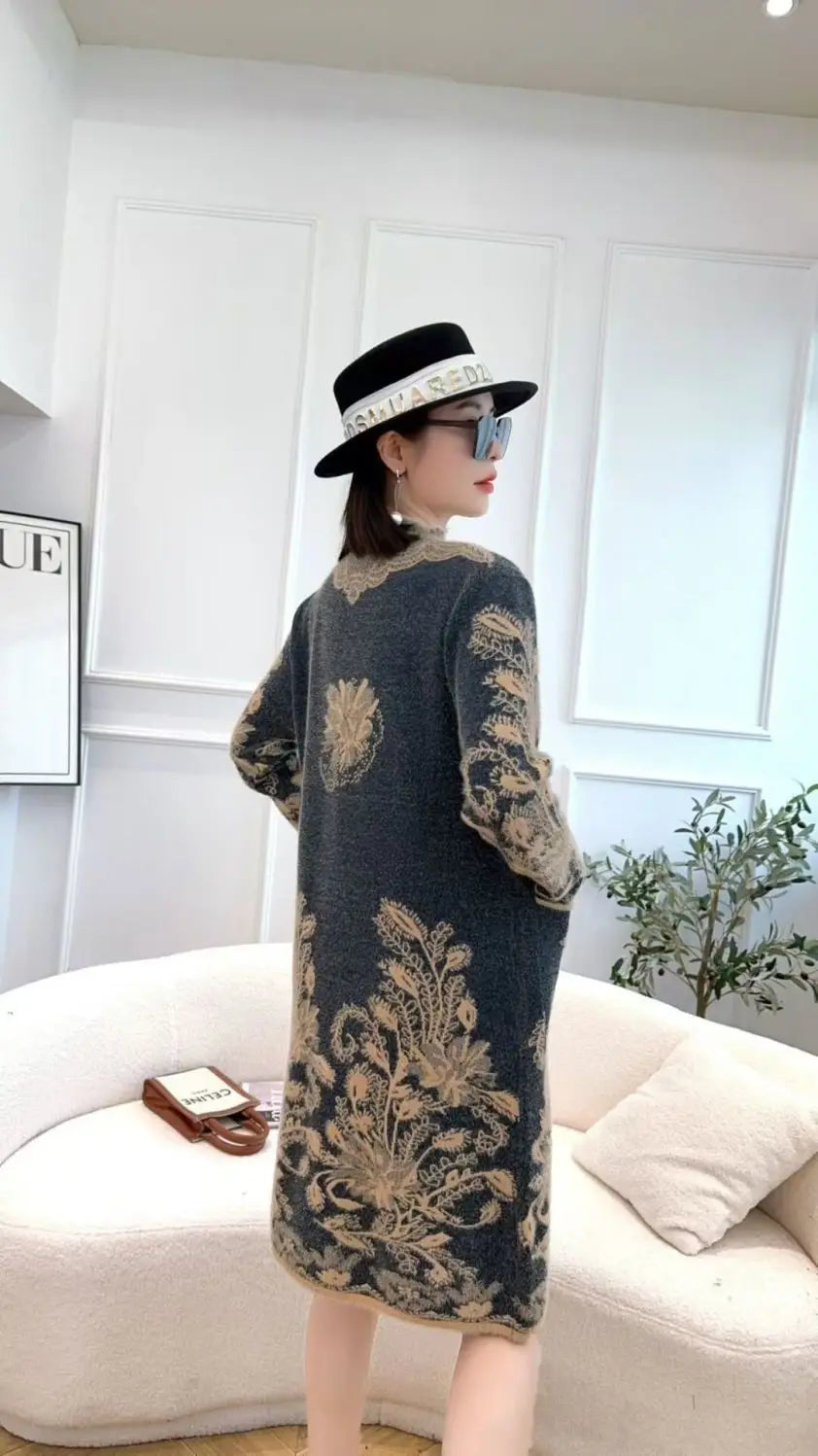 Autumn Winter Women Vintage Ethnic Style Flower Pockets Knitted Dresses Ladies Half High Collar Long Sleeve Loose Sweater Dress
