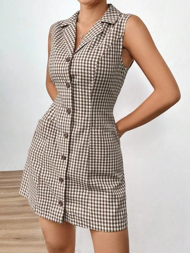 French Retro Plaid Dresses Women Summer New  Sleeveless Round Neck Button Up Cocktail Dress Female Bodycon Dresses Vestidos