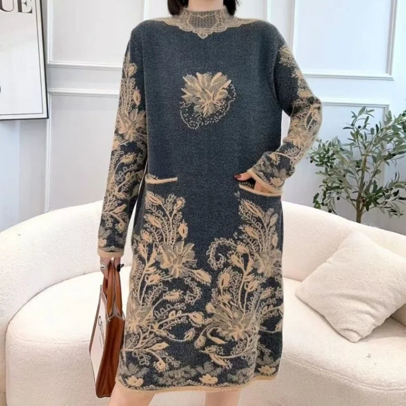 Autumn Winter Women Vintage Ethnic Style Flower Pockets Knitted Dresses Ladies Half High Collar Long Sleeve Loose Sweater Dress