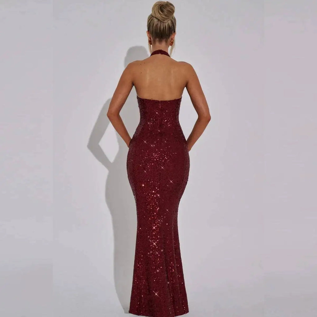 Giyu Sexy Glitter Sparkle Sequined Club Evening Party Dresses Women 2025 Summer Autumn Halter Backless Bodycon Maxi Long Dress