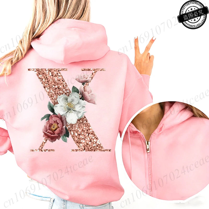 Women Zip Up Hoodies Rose Gold Letter A~Z Zipper Jackets Coats Autumn Winter Hoody Sweatshirt Fashion Casual Zip Pink Hoodie Top
