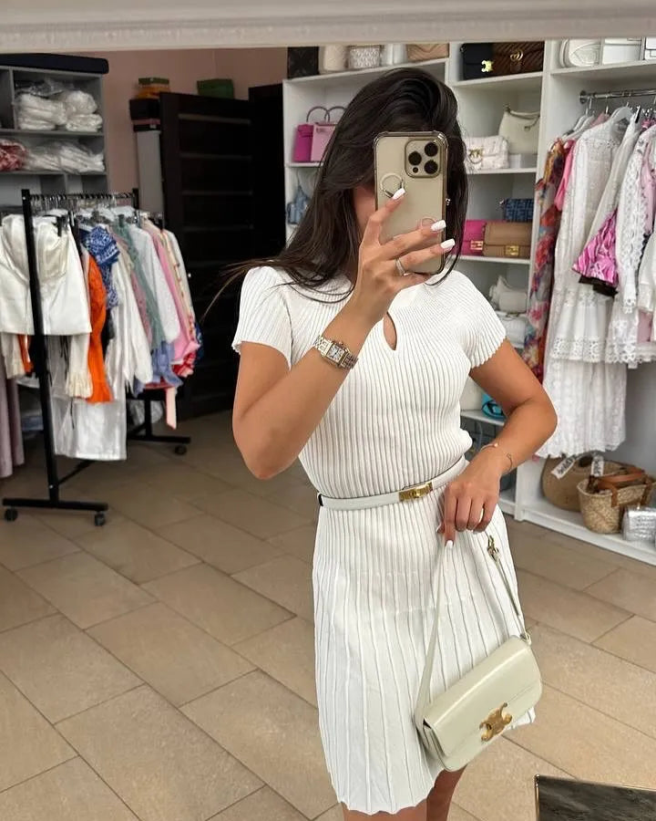 Ribbed Knitting A-line Short Dress Chic Elegant Slim Summer Dress 2025 Short Sleeve Round Neck Fashion New Dresses Vestidos