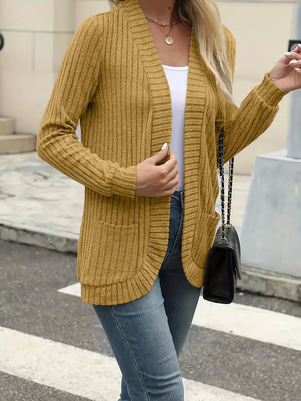 New fashion women's solid color casual pit stripe brushed cardigan jacket