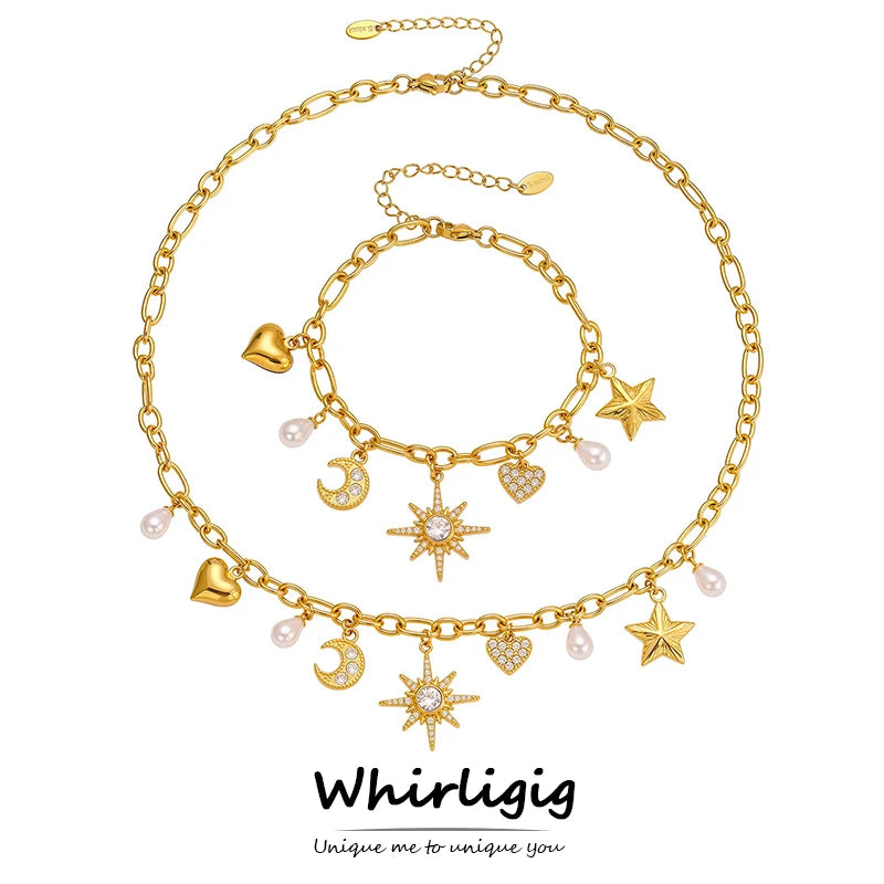 Zircon Heart, Star & Moon Jewelry Set | 18K Gold-Plated Stainless Steel Necklace & Bracelet