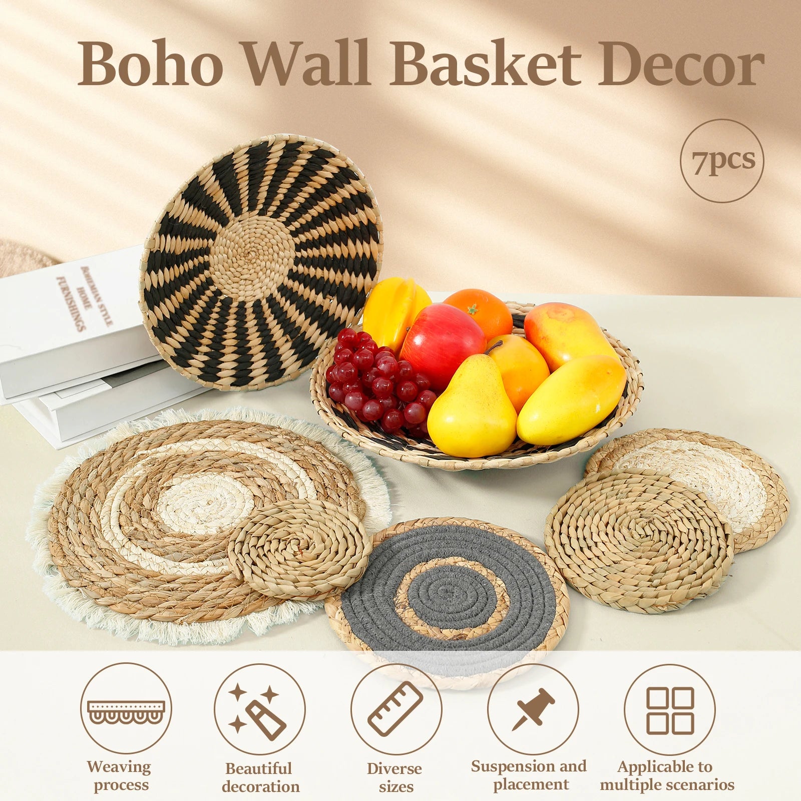 7-Piece Hanging Woven Wall Basket Set – Handmade Boho Farmhouse Décor