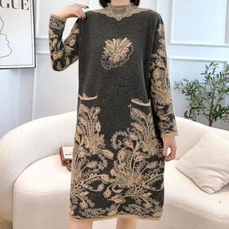 Autumn Winter Women Vintage Ethnic Style Flower Pockets Knitted Dresses Ladies Half High Collar Long Sleeve Loose Sweater Dress