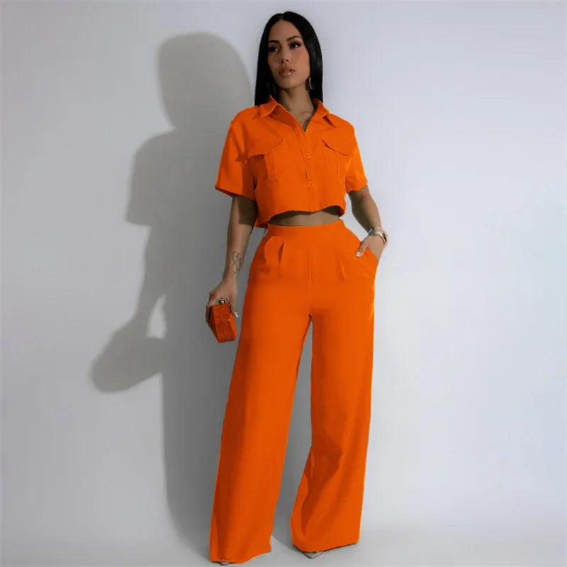 Solid Elegant Pant Sets Womens 2 Piece Outfit Summer 2026 Turn-down Collar Button Up Pockets Shirt Top and Wide Leg Pants Suit