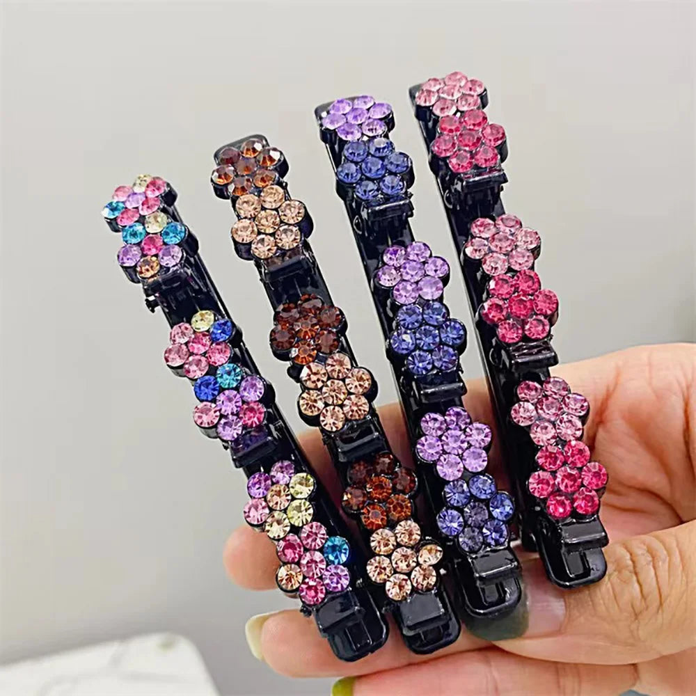 New Fashion Sparkling Crystal Stone Braided Hair Clips 6 Flower Hair Accessory For Women Girls