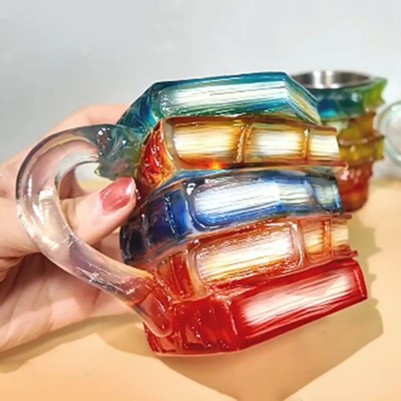 Hand-Painted Book Mug.Stacked Books Design Resin Coffee Cup with 3D Effect,Unique Novelty Gift for Book Lovers,Dishwasher Safe