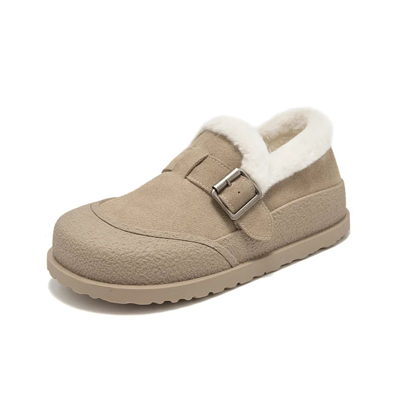 BEAUTODAY Winter Shoes Women Cow Suede Round Toe Buckle Design Warm Short Plush ladies Flat Shoes Handmade 22814