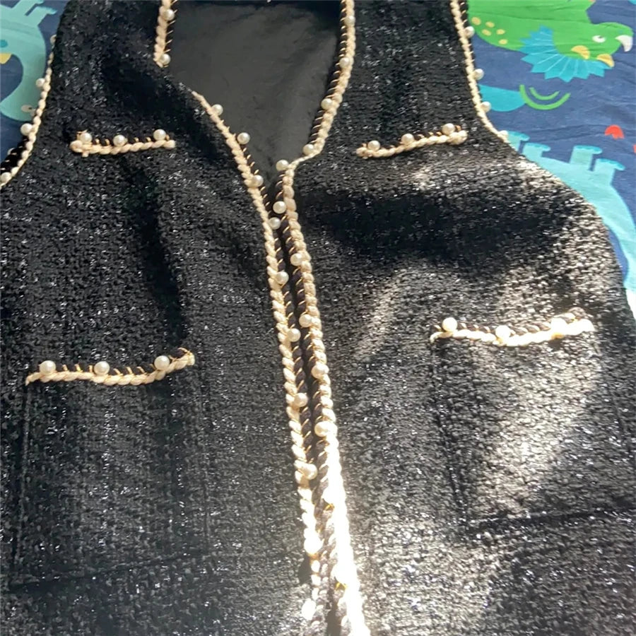 Women’s Tweed Plaid Vest – Wool-Blend Waistcoat with Pearl Buckle, Sleeveless Jacket (Vintage Korean Style, Spring/Fall)