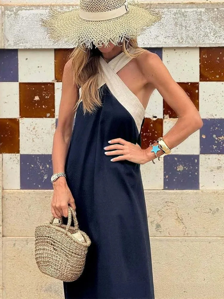 Summer Casual Loose Beach Dresses Fashion Off Shoulder Multi-color Holiday Dress New Women Halter Color Blocked Long Dress