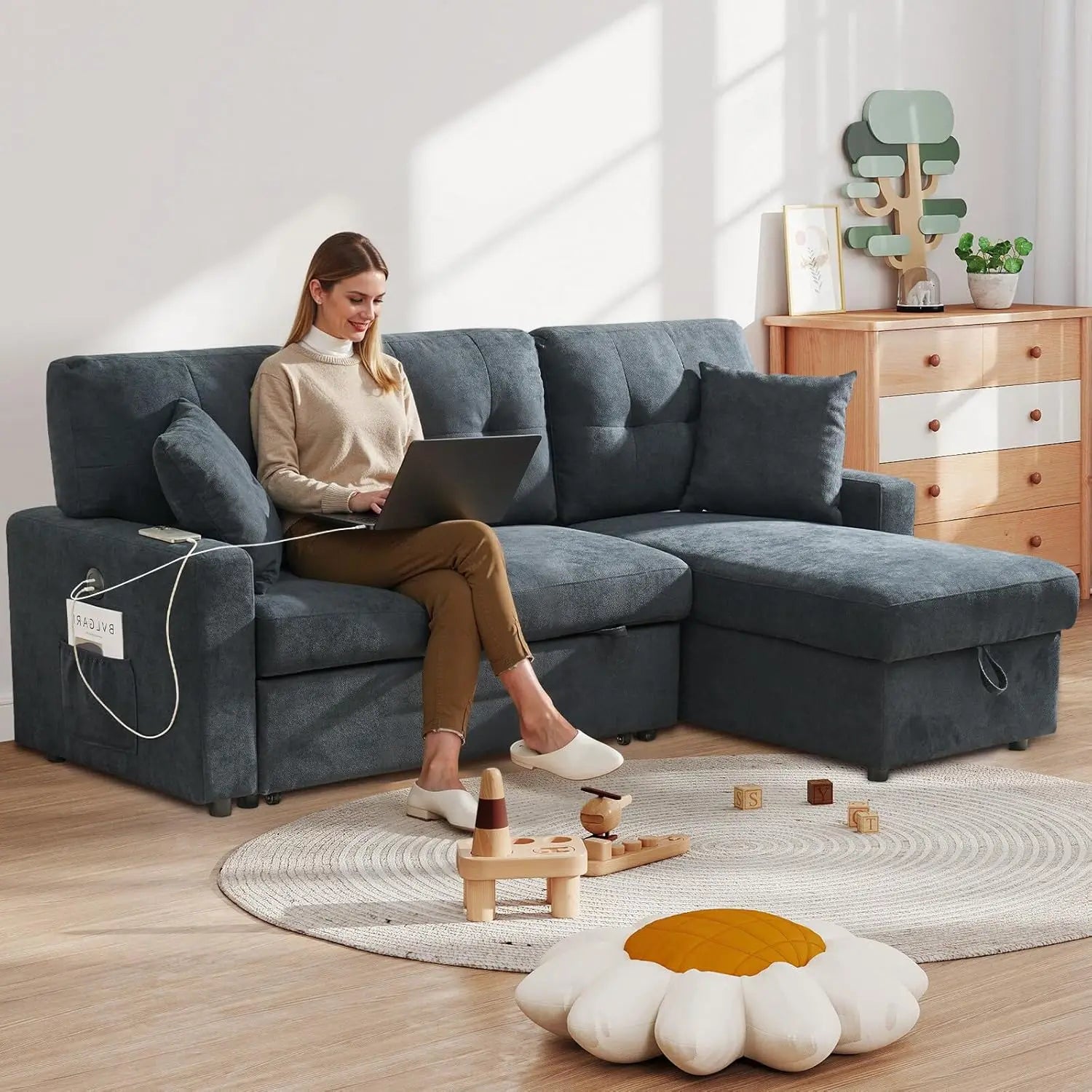 L Shape Sofa with Storage, Pull Out Couch Bed with USB&Type-C Ports, Convertible Sleeper Sofa