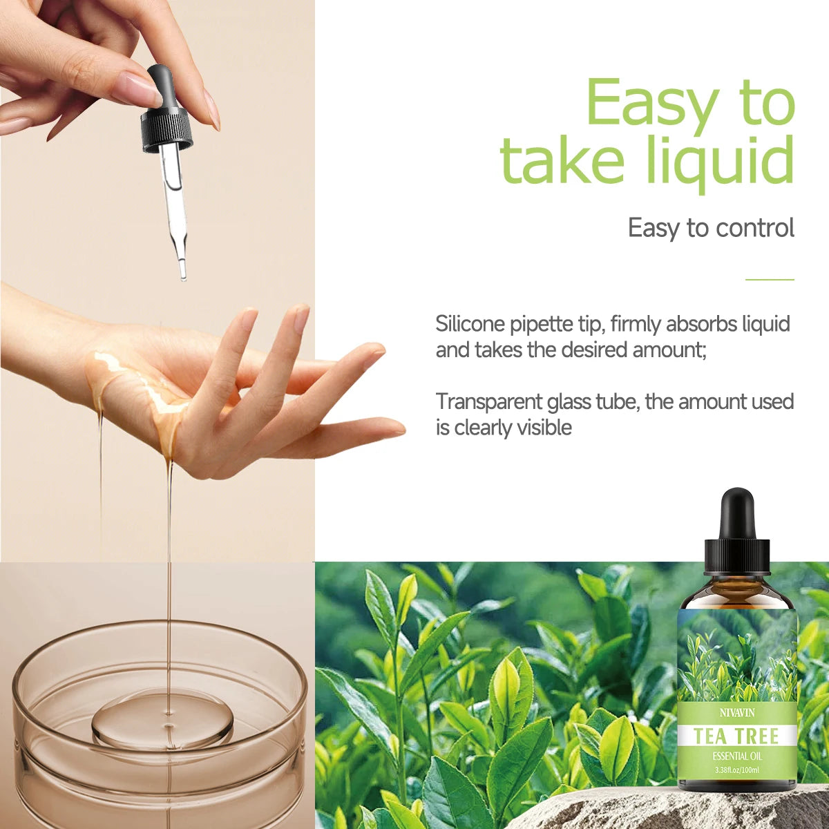 30ml/60ml/100ml tea tree essential oil is suitable for facial hydration, moisturizing, hair care, skin care, and perfume making