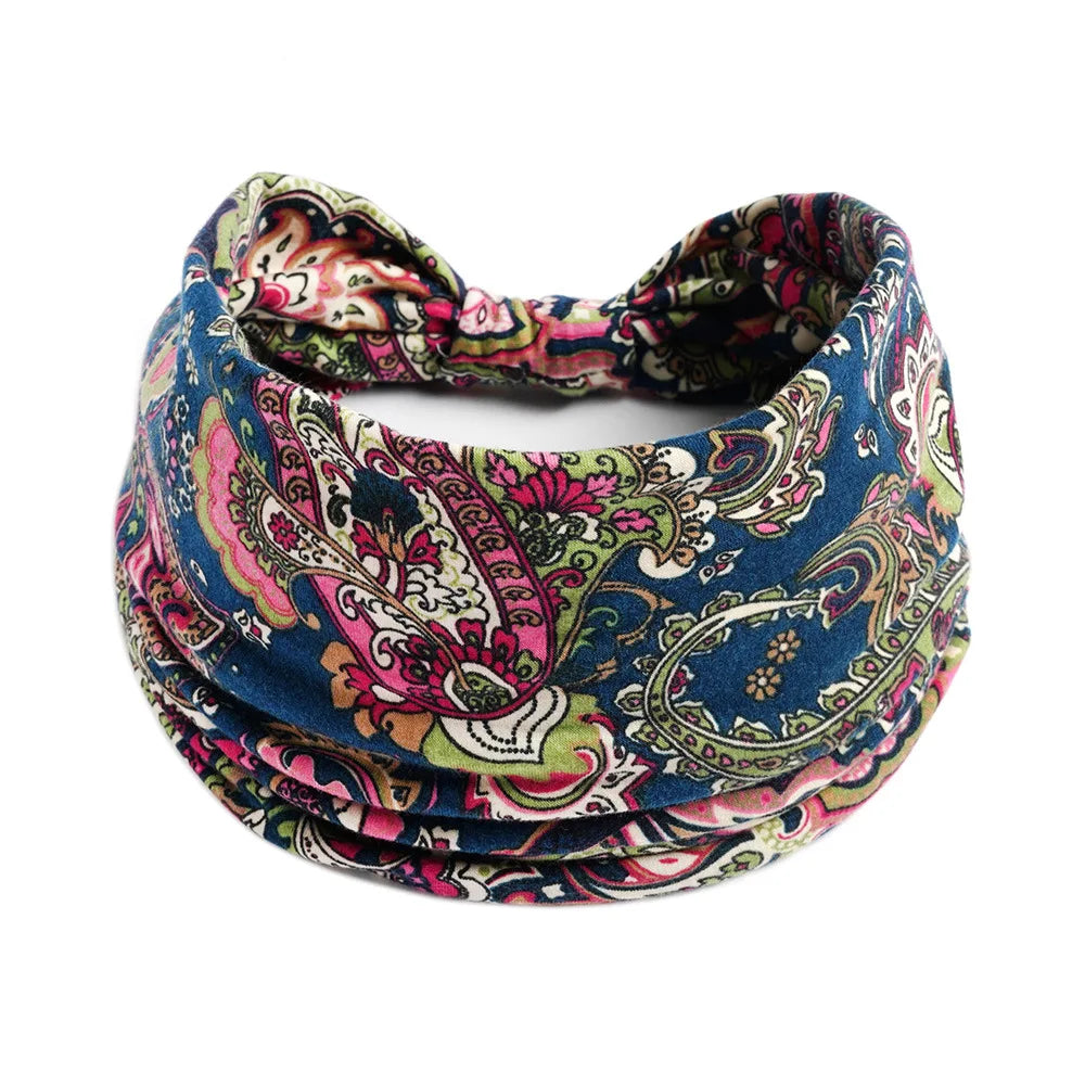 Boho Wide Knot Floral Cotton Headband | Stretch Turban Hair Scarf for Women