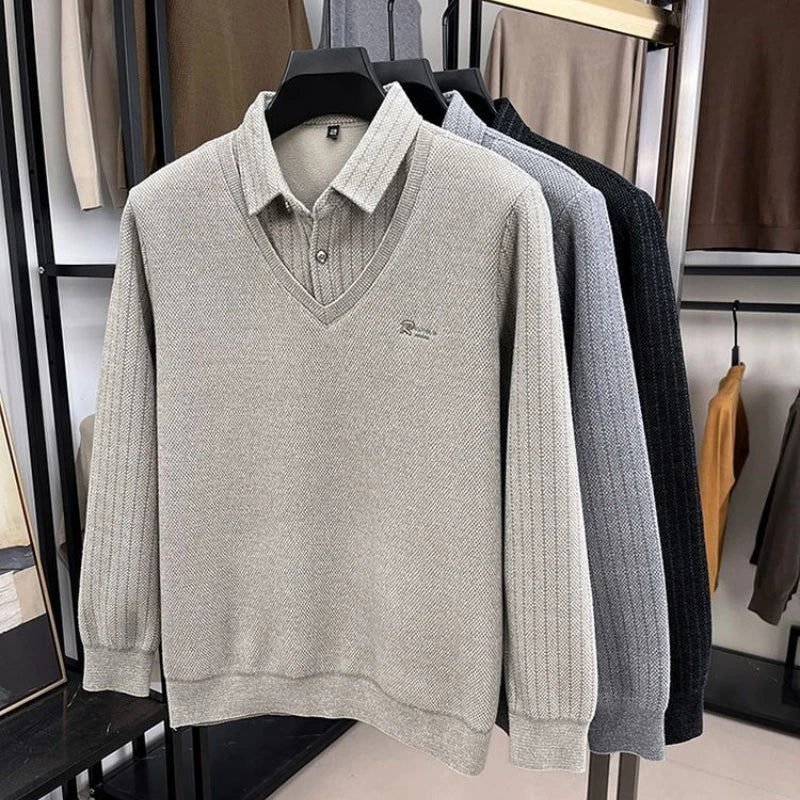 Men's Plush Sweater Autumn Winter Fashion Button Lapel Striped Pullovers Business Casual Fleece Lined Knitted Thickened Sweaters