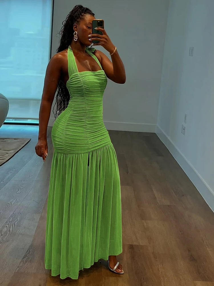 Nibber See Through Hem Dress Women Ruched Halter Summer Trend Sleeveless Backless Patchwork Midnight Clubwear Party Maxi Bodycon