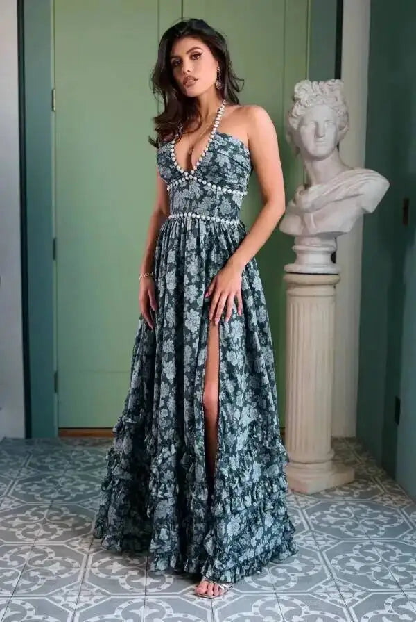 Giyu Sexy Pearl Evening Club Party Dresses Women Summer Dress Elegant Spaghetti Strap Backless Lace Up Maxi Long Ruffles Robe