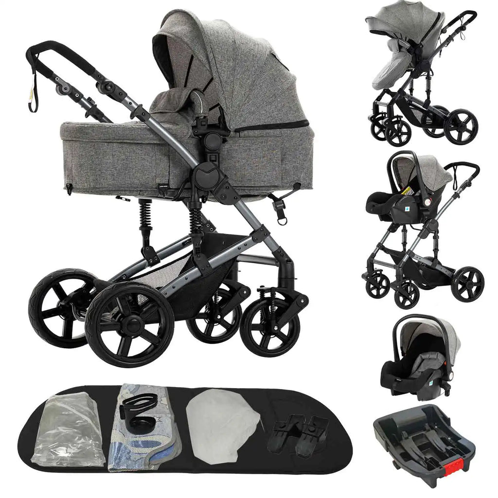 3 in 1 Baby Stroller with Car Seat ISOFIX Compatible 5-Point Harness Shock-Absorbing Wheels Newborn Stroller 0-3Y Lightweight