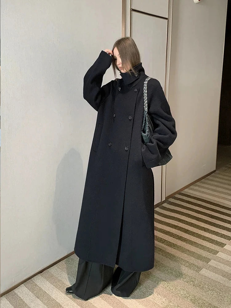 Double Breasted Office Lady Cashmere Woolen Jackets 2025 Autumn And Winter Stand Collar Loose Lace-Up Women's Long Wool Coats