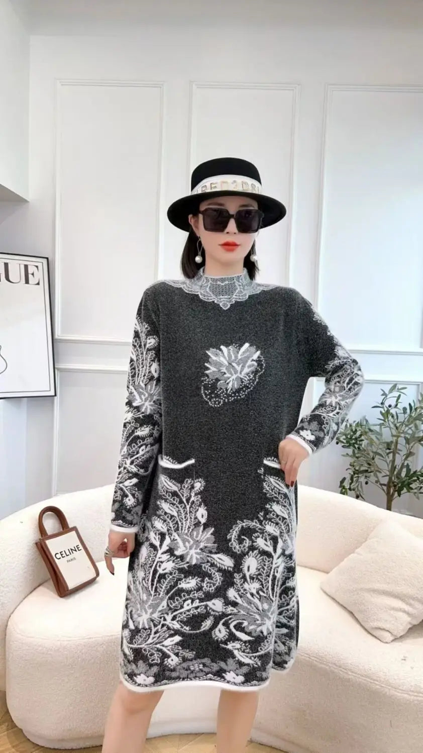 Autumn Winter Women Vintage Ethnic Style Flower Pockets Knitted Dresses Ladies Half High Collar Long Sleeve Loose Sweater Dress