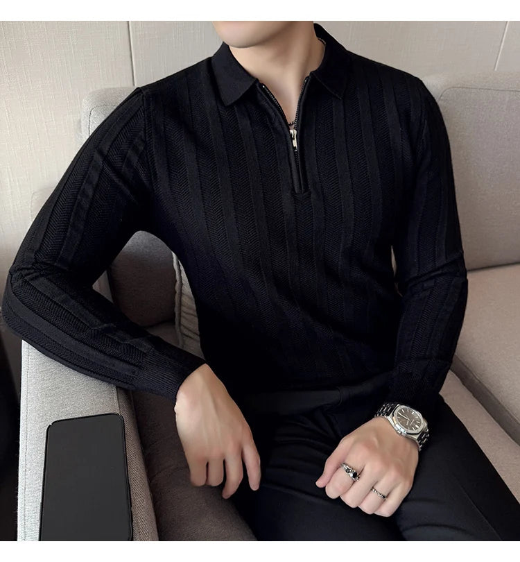 Men's Zip-Front Knit Sweater - White Polo Collar (Black/Burgundy/Cream) M-4XL Soft Touch Autumn Winter Casual Style