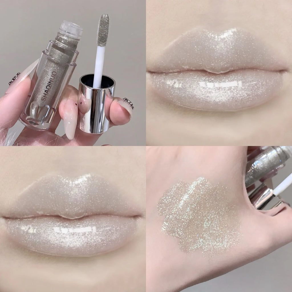 SHAQINUO Water Light Mirror Lip Gloss Lasting Moisturizing Cool Black Silver Gray Pearlescent Fine Sparkling Lipstick Lip Oil
