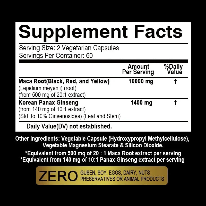 Xemenry Maca Root + Korean Ginseng Capsules – 10,000 mg Maca (Black, Red, Yellow) + 1,400 mg Ginseng | High Strength Energy & Vitality Supplement (30/60/120 Capsules)