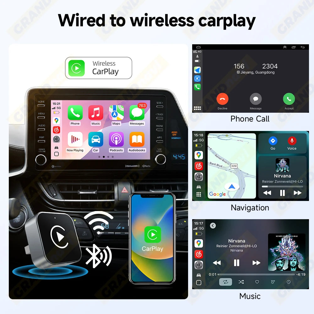 Grandnavi 2-in-1 Wireless CarPlay & Android Auto Adapter (2025 Mini USB Dongle)