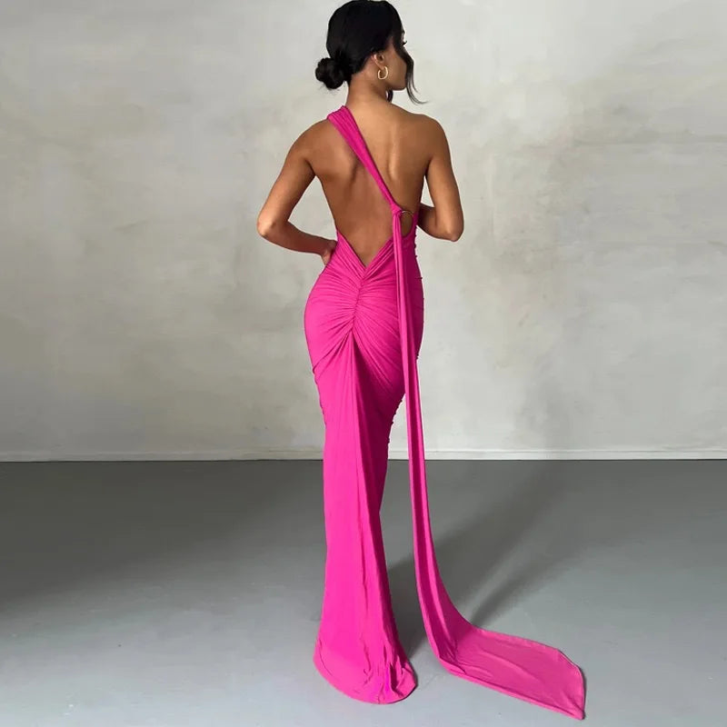 Women's One-Shoulder Sleeveless Maxi Dress Adjustable Scarf Loop Ruched Backless Bodycon Festival Party Outfit Elegant Long Gown