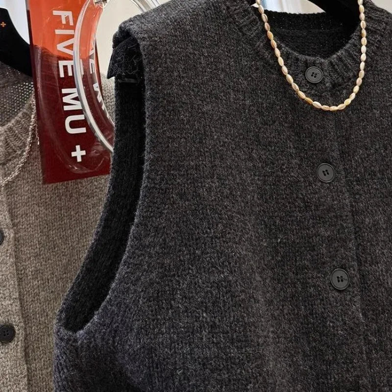 Women Sweater Vests Casual Loose Basics Solid Buttons Knitwear Sleeveless Female Bottom Sweater Vintage Simple Simple Tank Tops