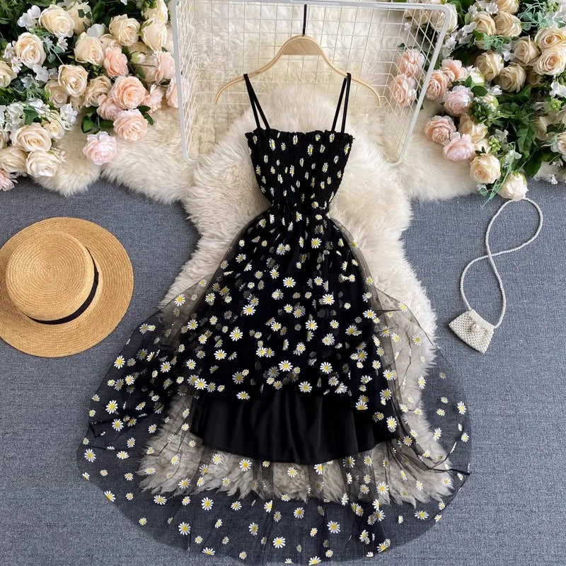 YuooMuoo Women Dress 2026 New Korean Fashion Floral Print Spaghetti Straps Mesh Party Dress Vacation Style Lady Beach Vestidos