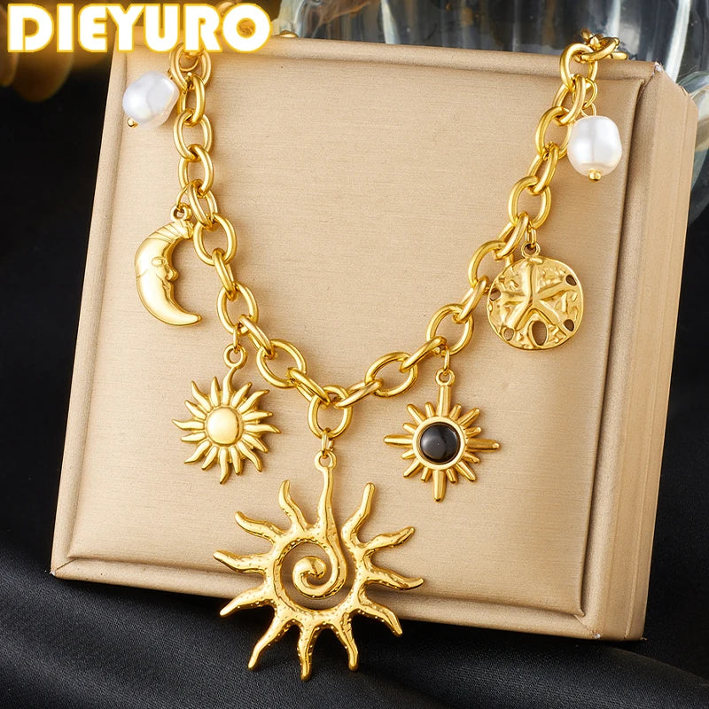 Golden Starfish Moon & Sun Pendant Necklace | 316L Stainless Steel Romantic Chain for Women