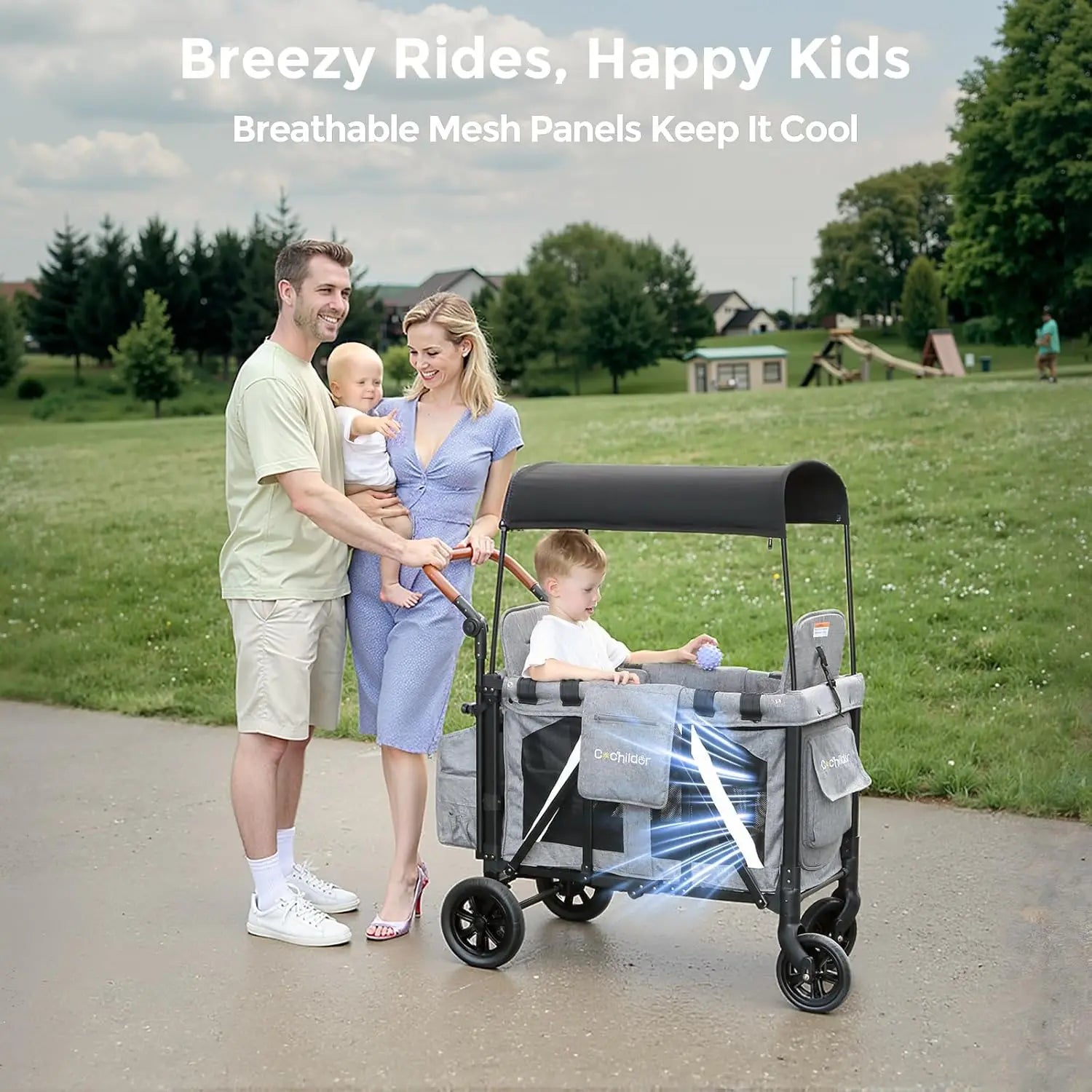 Foldable Two-Seater Baby Stroller with Detachable Sunshade & Storage
