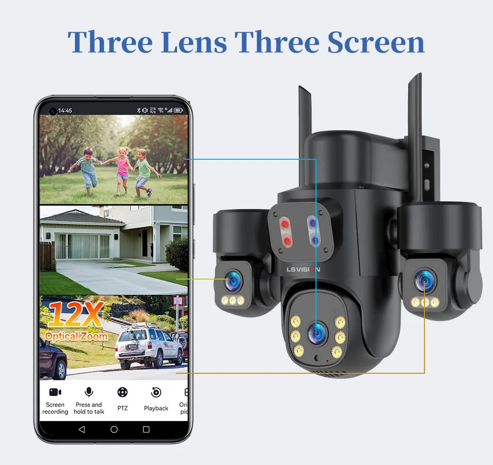 LS VISION AOV/PIR 3-Screens Solar Camera Optical Zoom Outdoor