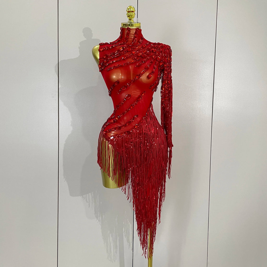 New Stage Costume Sparkly Rhinestones Tassel Sexy See-Through Dress Women One Shoulder Latin Dance Bars Nightclub Party Outfits