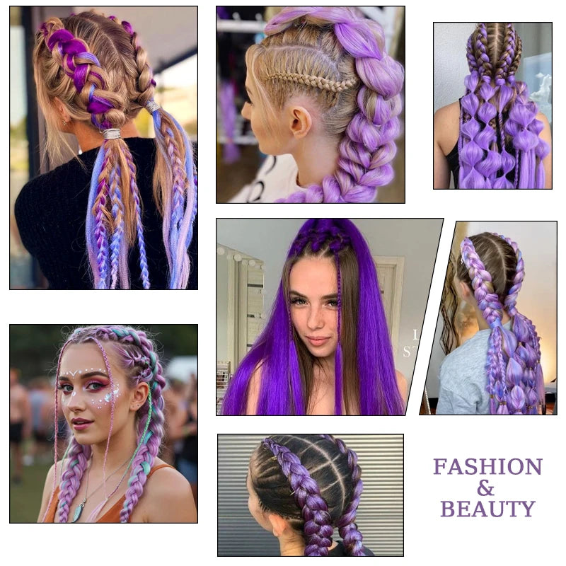 Synthetic Purple Hair Ponytail with Elastic Rubber Band Long Yaki Straight Ponytail for DIY Braiding for Christmas Halloween Use