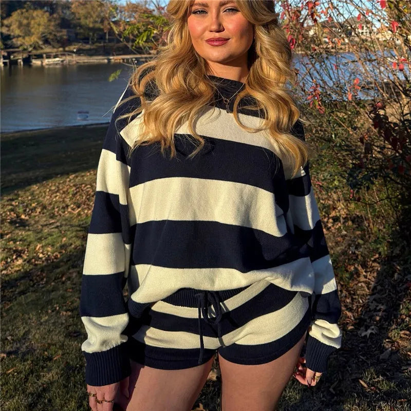 Women’s Y2K Striped Knit Lounge Set – Long Sleeve Top & Drawstring Shorts