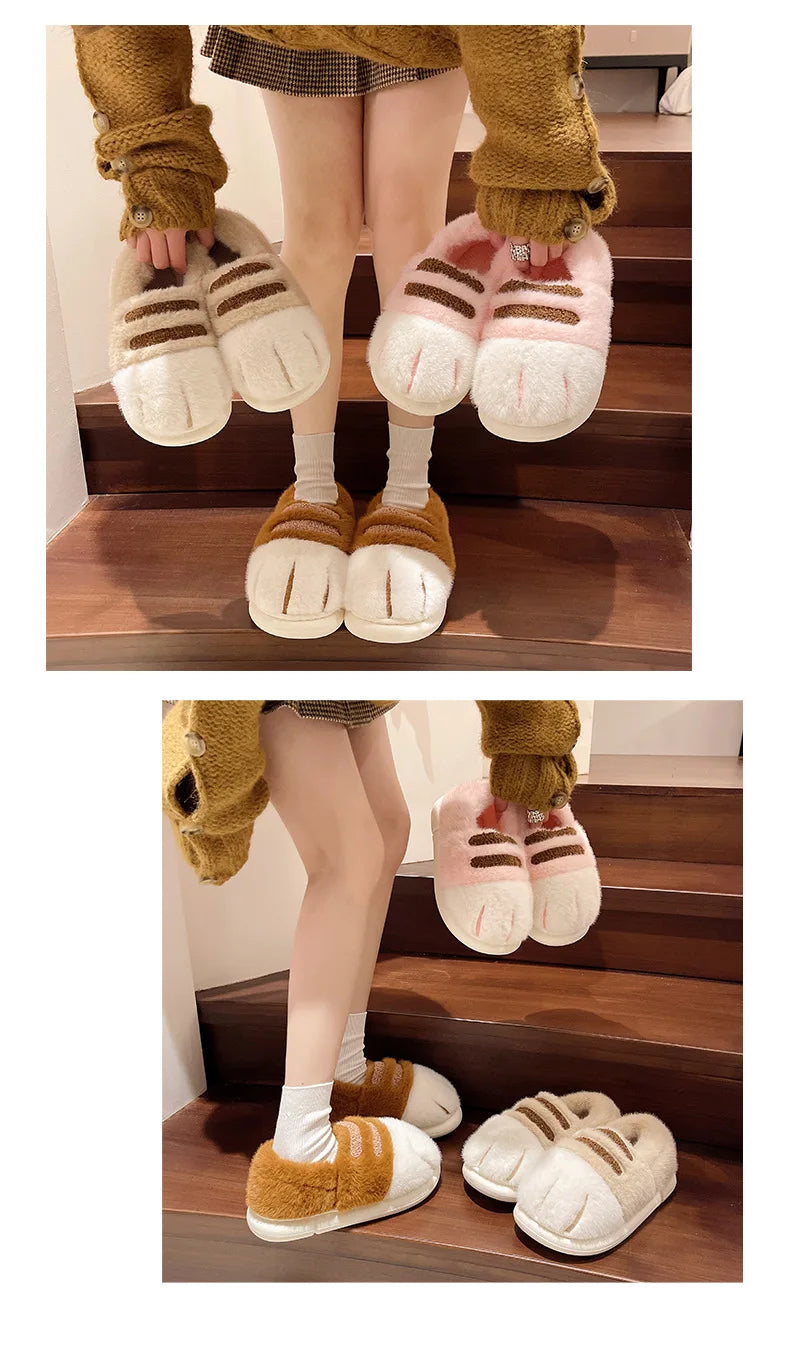New Adorable Kitty Claw Slippers Women's Home Shoes Non Slip Furry Mules Female Fashion Warm Fluffy Slides Outdoor Cat Slippers