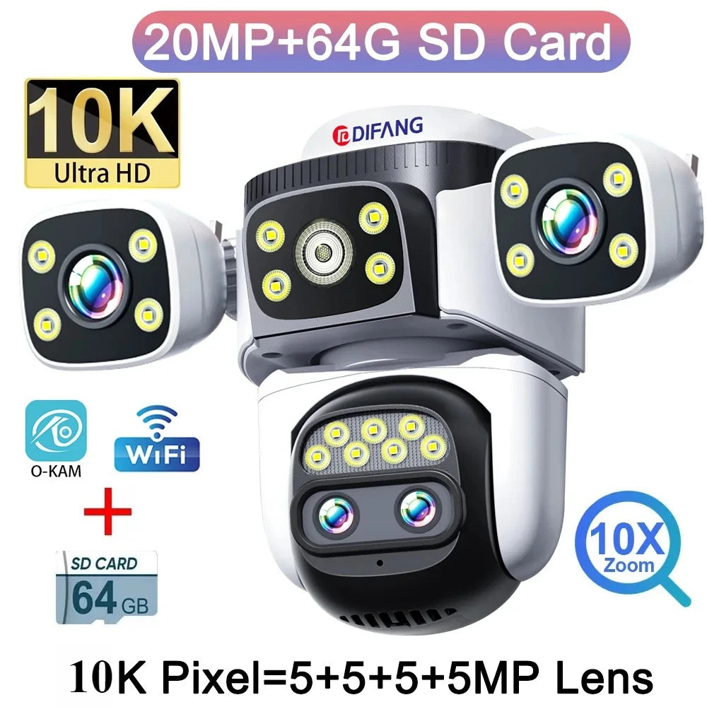Outdoor 10K WiFi6 Camera 20MP 10X Optics Zoom Three Screen Four Len PTZ Automatic Tracking 6K Dual Lens Waterproof Security CCTV