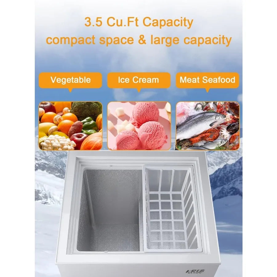Compact Deep Freezer with Top Mini 7 Gears Temperature Control Open Door and Removable Storage Basket 3.5 Cu.Ft White
