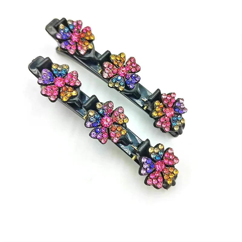 2Pcs/Set Rhinestone Flowers Hair Clip Fashion Double Layer  Braided Hairpins Women Headwear