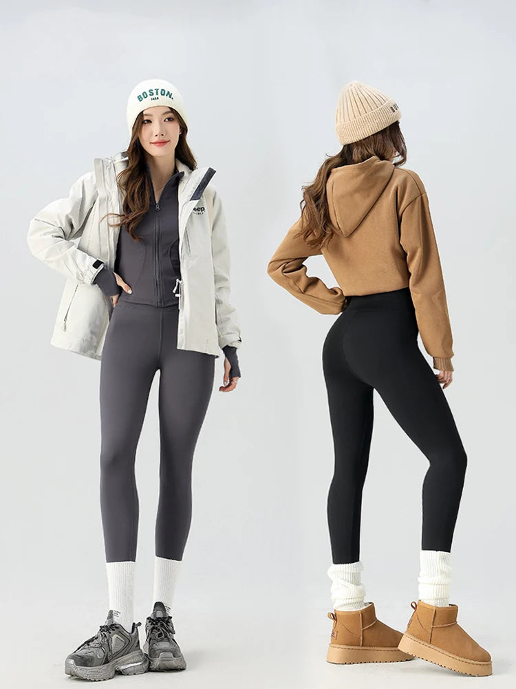 BIVIGAOS Snowflake Velvet Warm Sharkskin Leggings — Fleece-Lined High-Waist Winter Pants for Women