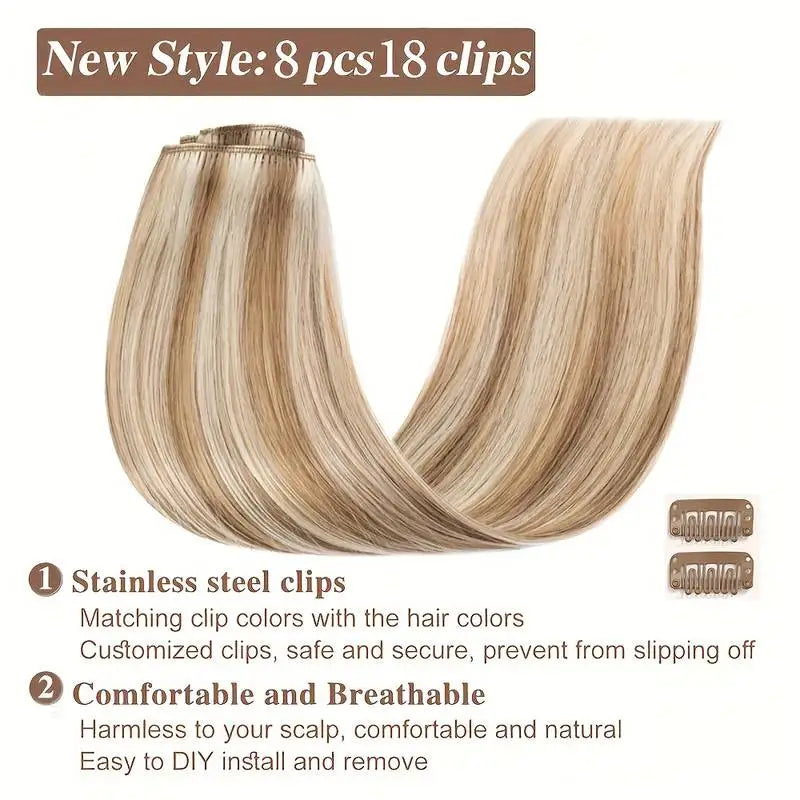 8Pcs Clip In Hair Extensions 100% Real Human Hair P8/613 Color Brown Highlight Blonde For Women Daily Use Real Easy Wear To Go
