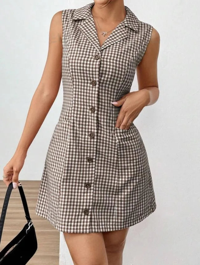 French Retro Plaid Dresses Women Summer New  Sleeveless Round Neck Button Up Cocktail Dress Female Bodycon Dresses Vestidos