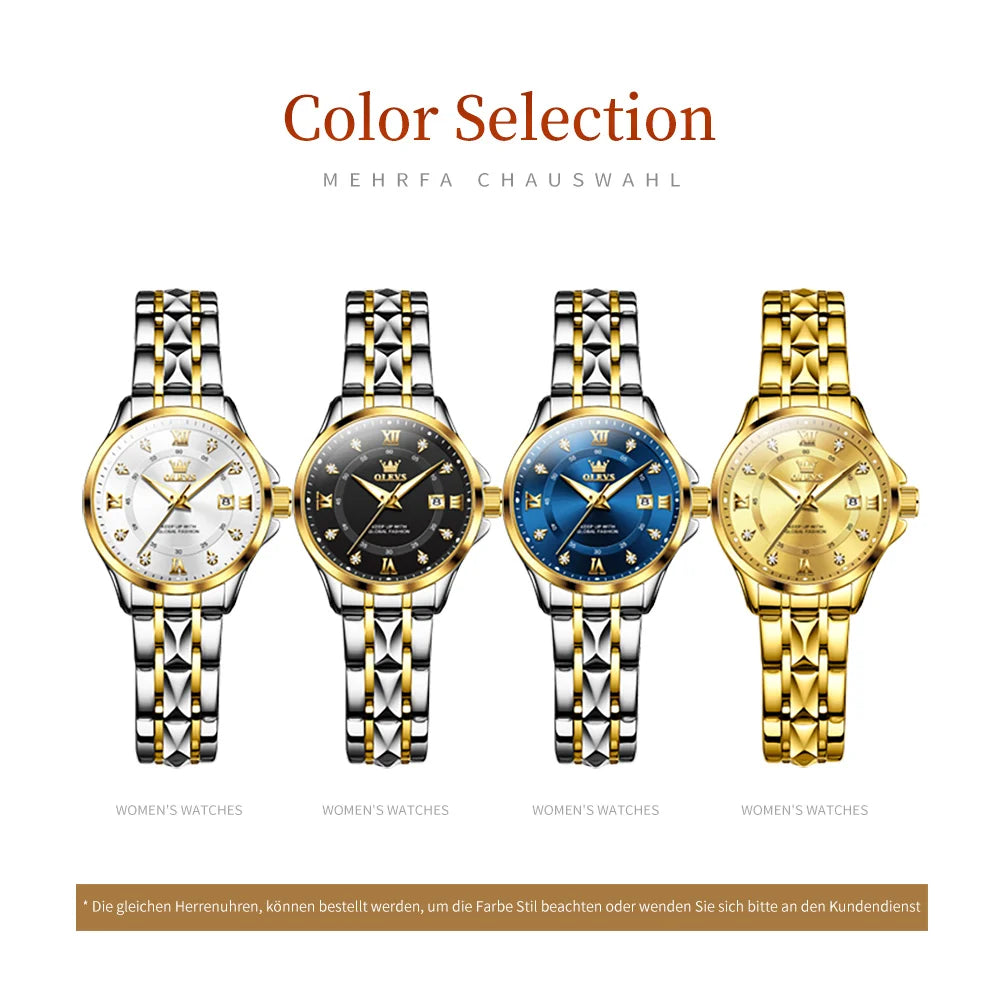 OLEVS Elegant Luxury Watches for Women Original Stainless Steel Calendar Luminous Waterproof Quartz Fashion Trend Ladies Watch