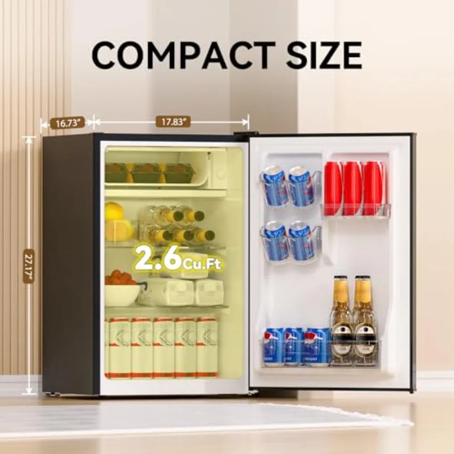 2.6 Cu.Ft Mini Fridge for Bedroom and Office Use Compact Refrigerator with Freezer Compartment Reversible Door Design Adjustabl