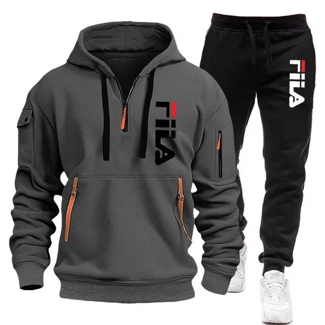 Autumn and Winter 2025 new men's hooded sweatshirt + pants two-piece set, outdoor multi-pocket men's pullover sportswear set