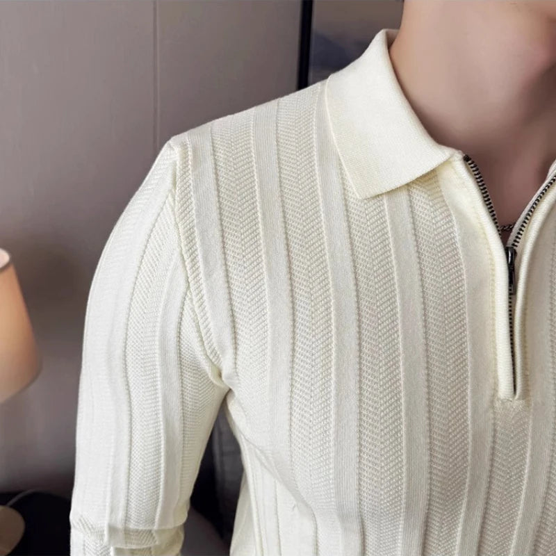 Men's Zip-Front Knit Sweater - White Polo Collar (Black/Burgundy/Cream) M-4XL Soft Touch Autumn Winter Casual Style